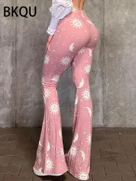 Capris Bkqu 2023 Pink Disual Flare Pants للنساء في الشارع kawaii حلوة عالية الخصر طباعة سراويل مرنة بالجملة قيعان البيع الساخنة