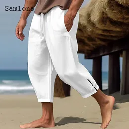 Homens elegantes moda fivela manguito calças de linho sólido branco tornozelo comprimento calças plus size masculino casual cordão sweatpants 240228