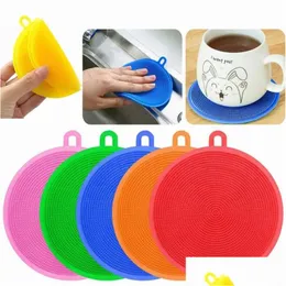 Sponges Scouring Pads Round Shape Mtifunctional Kitchen Washing Tool Sile Scrubbers Sponge Dishwashing Brush Cleaning Brushes For Dhxpt