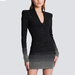 Designer dress, fashionable and trendy 2024 hip wrap short skirt, rhinestone embellishment V-neck shoulder pad long sleeved slim knit hip wrap dress