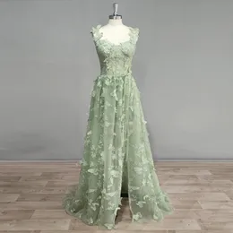 DIDEYTTAWL Real Pos 3D Бабочки Шалфейно-зеленое Тюлевое платье для выпускного вечера 2024 Милое трапециевидное вечернее платье с высоким разрезом 240227