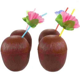 Wine Glasses 4 Pcs Coconut Shaped Cups Straws Hawaiian Beach With Party Supplies Plastic Drinking