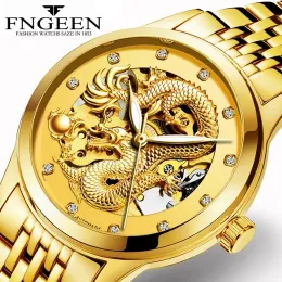 الجوارب Fngeen Mens Top Golden Wristwatch Waterproof Automatic Automatic Watches Dragon Dragon Diamond Clock أفضل هدية