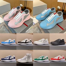 Top Quality Mens Pradea Designer Americas Cup Casual Shoes Low Top Soft Rubber Fabric Sneaker Patent Leather Trainers Pink Black White America Men Sneakers Size 38-46