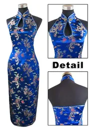 Navy Blue Traditional Chinese Womens Satin Halter Cheongsam Long Qipao Backless Dress Costume Clothing S M L XL XXL XXXL J3400 240220