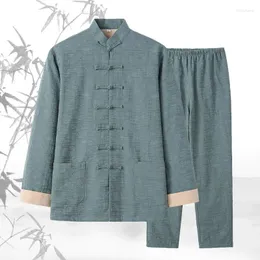 Abbigliamento etnico Tradizionale cinese in cotone Tang Abito Hanfu Solido Uniforme Manica lunga Abiti Wushu Pantaloni larghi in due pezzi