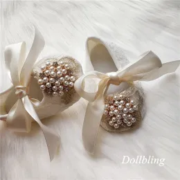 Outdoor Dollbling 2022 Hellgelb Creme Farbe Satin Schnürung Perlen Großhandel Neueste Baby Kinder Weiche Schuhe Säugling Kleinkind