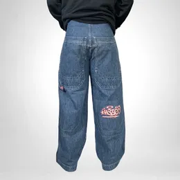 メンズジーンズJNCOバギーY2Kメンズヒップホップレターグラフィックレトロブルーデニムパンツハラジュクゴシックワイドレッグズボンストリートウェア