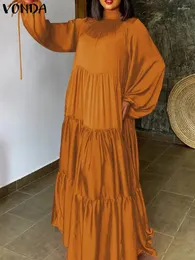 Sukienki w dużych rozmiarach 5xl Vonda Kobiet Długie sukienki Puff Sleeve Elegancki Maxi Sundress Przyczynowy stojak na stojak na satynowe satynowe rozeszte vestidos