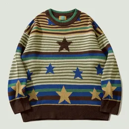 Fashion Retro Striped Patchwork Knitted Sweaters Men Harajuku Star Print Jumper Hip Hop Casual Loose O-Neck Ugly Pullover Unisex 240226