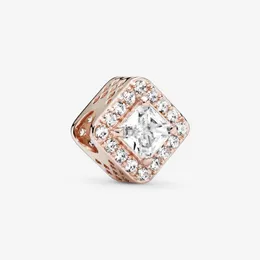 Ny ankomst 925 Sterling Silver Rose Gold Square Sparkle Halo Charm Fit Original European Charm Armband Smycken Accessori209y
