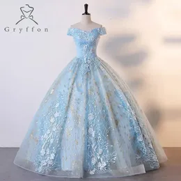 Açık Mavi Quinceanera Omuz Partisi Elbise Lüks Dantel Balo Elbisesi Shinny Sequin Prom Plus Boyut Vestidos 240227