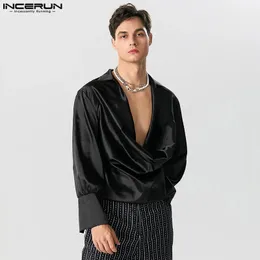 MEN SHIRT SOLD CONER V NECK LING SATIN FASHING MALE DARTS LOOSE STREET REATHER CAMISAS S5XL Incerun 240223