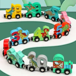 Giocattolo di puzzle per bambini in legno per l'educazione precoce del treno magnetico del dinosauro cognitivo digitale che trascina il blocco per bambini