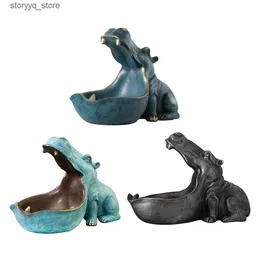 Outra decoração de casa Resina Hippo Estátua Hippopotamus Escultura Estatueta Chave Doce Recipiente Diversos Suporte de armazenamento Home Table Artware Desk Decor Q240229