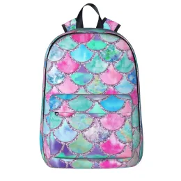 Mochila rosa e azul aquarela falso glitter sereia escalas mochila estudante saco de livro bolsa de ombro portátil mochila de viagem