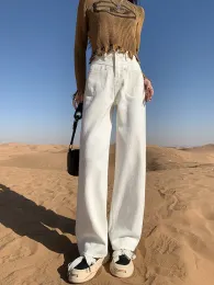 Jeans GUUZYUVIZ Outono e Inverno Engrossado e Veludo Isolado Cintura Alta Calça Jeans Perna Larga para Mulheres Soltas Branco Damasco Lã Denim