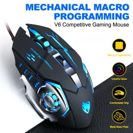 Möss v6 Wired Gaming Mouse Profession Mekanisk makroprogrammering Mouse 6400DPI Silent Button Möss med RGB -bakgrundsbelysning för PC -bärbar dator