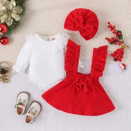 Dresses My First Christmas Baby Girl Clothes Ruffle Romper+Plaid Suspender Skirts Hat 2023 New Year Costume Baby Christmas Outfit