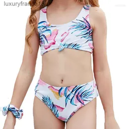 Womens Swimwear Girls Bikini 2023 Tropical Print Tied Front Little Girl Tankini Children Swimsuit Bandeau Swimming Suit Beach Wear''gg''X79P