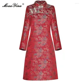 Casual Dresses MoaaYina Spring Fashion Runway Vintage Party Dress Women Stand Collar Long Sleeve Embroidery Beading High Waist Slim Mini