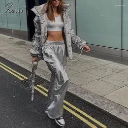 Damenhosen Joskaa Mode Silber Breites Bein Frauen Casual Elastische Taille Gerade Winddichte Hose 2024 Weibliche Böden Streetwear