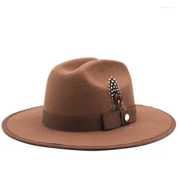 Berets retro klasyczny jesienne zimowe ciepłe kobiety mężczyźni poczuć, że pióro zatopione czapka fedora jazz melonik kowbojski kapelusz 56-58 cm dostosuj