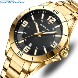 Watches Crrju Fashion Mens Gold Stainless Steel Watches Quartz Wrist Watch Men Business Casual Watch Relogio Masculino