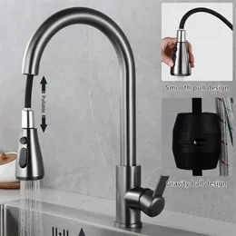 Kitchen Faucets Brushed Nickel Pull Out Sink Water Tap Deck Mounted Mixer Stream Sprayer Head Cold Taps Sliver