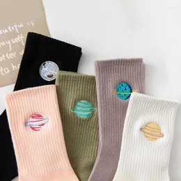 Women Socks Embroidery Planet Mid-tube Korean Version Of Men And Instagram Trend Street Couple Gift Student Sports