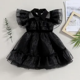 Vestidos para meninas de Halloween 3-9 anos, vestido casual para bebês meninas, manga voadora preta, gola virada para baixo, linha A, tule doce