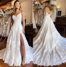 Wunderschöne Spitze A-Linie Boho Brautkleider Sexy Neue Spaghettiträger Split Lange Brautkleider Open Back Robes De Mariage Bc15295 0229 329 329