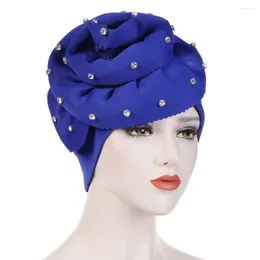 Ethnic Clothing 2024 Big Flower Turban Cap For Women Diamonds Head Wrap Bonnet Muslim Hijab Hat Female Party Headpiece African Auto Gele