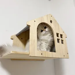 Scratchers Wall Mounted Cat House Climbing Floating Wooden Shelf Kitten Villa for Sleeping and Resting Wall Furniture