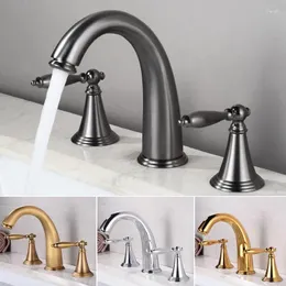 Bathroom Sink Faucets Basin Faucet Brass Dual Handles Mixer Deck Mounted 3 Holes Cold Water Tap Nordic Style Black/Chrome/Gold/Grey
