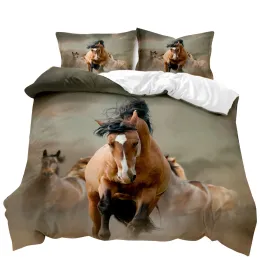 Conjunto de capa de edredão de cavalo um grupo de cavalos marrons, conjunto de cama de cama 3d Animal Wild Horse Queen King Size Polyster Quilt Cover