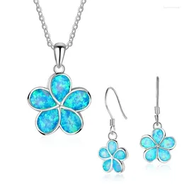 Halsband örhängen set mode blomma imitation blå eld opal växt hänge för kvinnor bröllop smycken tillbehör droppe