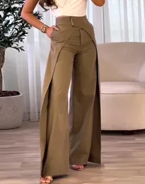 Women's Pants Casual 2024 Latest Versatile Solid Color Minimalist Workwear High Waist Overlap Asymmetric Wide Leg