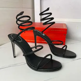 Rene Caovilla Cleo Strass Snake Strass Stiletto Sandálias 95mm Sapatos de Noite Femininos Salto Alto Tornozelo Envoltório Designer Sapato com Caixa Tamanho 35-43