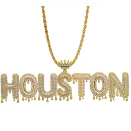 Hip Hop Custom Name Necklace Sparkling Crown Drip Letter Pendant Tennis Chain Halsband för män Kvinnor Guld Silver258R