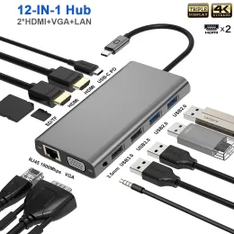 Stacje USB C do 2 HDMI 4K VGA Ethernet 100W PD 4USB Audio dla MacBook Pro OTG USB C HUB Triple Display Dual Monitor Adapter Hub