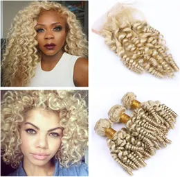 Peruwiańskie ludzkie włosy ciocia Funmi Blondynki z górnym zamknięciem 3bundles 613 Blonde Romance Curls Virgin Hair Wifts z koronką 4x4 6334531
