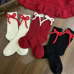 Calzini da donna Calze femminili Anno Fiocco rosso Bowknot JK Vitello invernale Tubo centrale Tinta unita