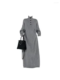 Casual Dresses Women Grey A-Line Long Dress Vintage Harajuku Y2K Sticke Party Club Sleeve Evening 2000s One Piece Frocks kläder