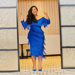 Party Dresses Aso Ebi Royal Blue Tassels Cocktail Cap Sleeves Long Straight Short Prom Clows Kne Length afton Evening Clown