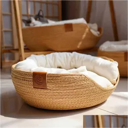 Camas de gato Mobiliário Yokee Pet Mat Dog Bed Sofá Handmade Bambu Tecelagem Quatro Temporada Ninho Aconchegante Cestas À Prova D 'Água Removível Drop Deli Dhegh