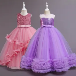 Dresses Teenager Girls Piano Performance Baby Girls Birthday Party Dress Sequins Elegant Dresses Knot Evening Costume Vestidos 4 to 12y