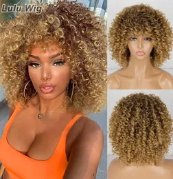 Siyah Kadınlar İçin Kısa Kısa Siyah Kadınlar Kısa Afro Kinky Bangs Sentetik Doğal Glueless Ombre Kahverengi Sarışın Cosplay WIG3602005