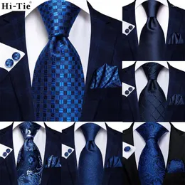 Bow Ties Hi-Tie Designer Navy Blue Striped Solid Silk Men Wedding Tie Gift Necktie For Quality Hanky Cufflink Business Party Fashion