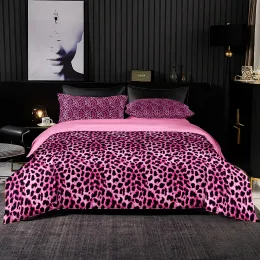 Defina a tampa do edredão de padrão de leopardo rosa 220x240, capa de colcha macia e pele à pele com travesseiro, conjunto de cama rosa em forma de cetim